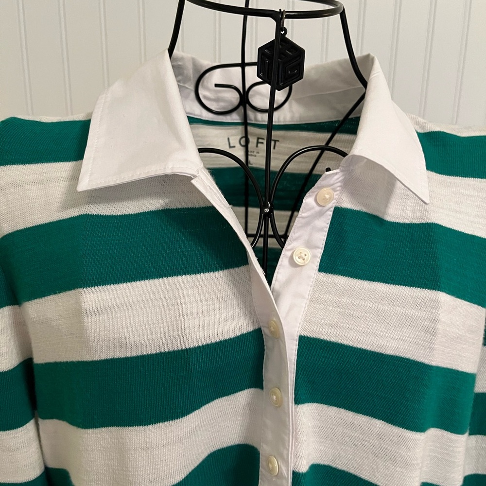 LOFT Green and White Striped Polo Shirt